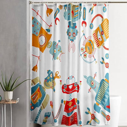 AILONEN Kawaii Robots Shower Curtain,Cartoon Robot Waterproof Fabric Shower Curtain Set for Boys Teens Kids, 48" W*72" H Watercolor Robot Bathroom Decors