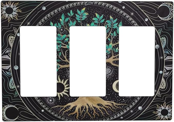 Tree of Life Blackground 3 Gang Rocker Light Switch Plate Hippie Sun Moon Star Triple Decora Outlet Wall Plate Cover Faceplate Decorative Switchcovers GFCI for Bathroom Bedroom Living Room Decorate
