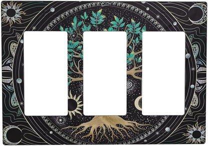 Tree of Life Blackground 3 Gang Rocker Light Switch Plate Hippie Sun Moon Star Triple Decora Outlet Wall Plate Cover Faceplate Decorative Switchcovers GFCI for Bathroom Bedroom Living Room Decorate