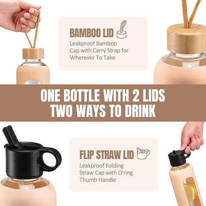 24oz Glass Water Bottle With 2 Lids-Flip Straw Lid, Bamboo Lid, Glass Water Bottle With Silicone Sleeve, Motivational Time Marker, Glass Juice Bottle for Cold Drink,Amber