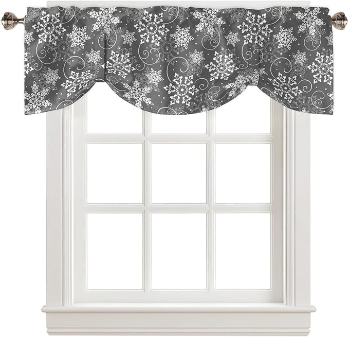 Christmas Blackout Tie Up Valance Curtains for Kitchen Windows Grey White Snowflakes Pattern Window Toppers Balloon Shades for Living Room/Bathroom/Bedroom,1 Panel, 42" X 12", Winter