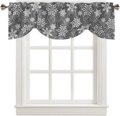 Christmas Blackout Tie Up Valance Curtains for Kitchen Windows Grey White Snowflakes Pattern Window Toppers Balloon Shades for Living Room/Bathroom/Bedroom,1 Panel, 60" X 18", Winter