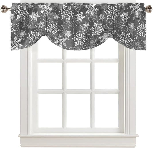 Christmas Blackout Tie Up Valance Curtains for Kitchen Windows Grey White Snowflakes Pattern Window Toppers Balloon Shades for Living Room/Bathroom/Bedroom,1 Panel, 60" X 18", Winter