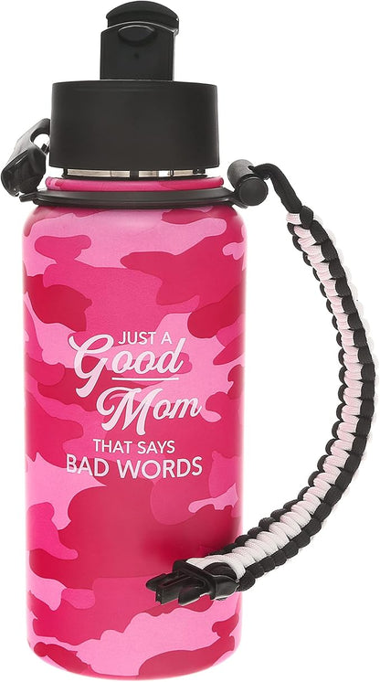 Pavilion - Good Mom 32 oz. Stainless Steel Water Bottle, Double Wall Tumbler Flask with Paracord Handle, Sports Water Cup, Gift For Mom, Mothers Day Gifts, Camouflage Bottle, 1 Count, Pink