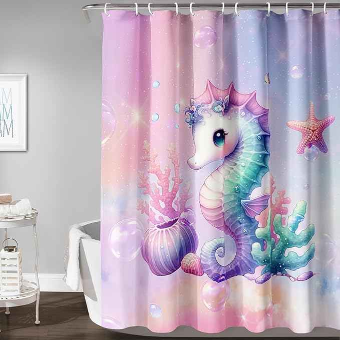 AILONEN Cute Seahorse Shower Curtain for Kids Girls,Rainbow Seahorse Bath Curtain,Ocean Coral Starfish Kawaii Shower Curtain Waterproof for Bathroom Decor with 12 Plastic Hooks, 60" W*72" H