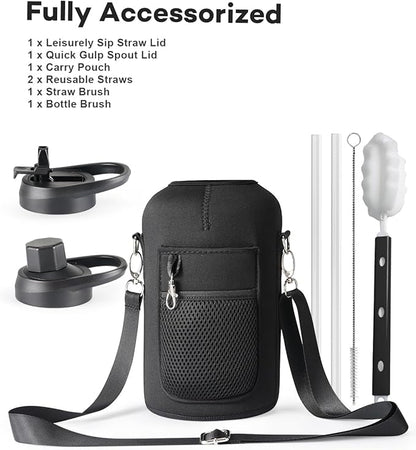 64 oz Insulated Stainless Steel Water Bottle with Handle and Carry Pouch, Half Gallon Mug Tumbler with Straw Lid Spout Lid,Reusable Metal Water Bottle Jug Flask Cup,Keep Cold & Hot,Indigo Black