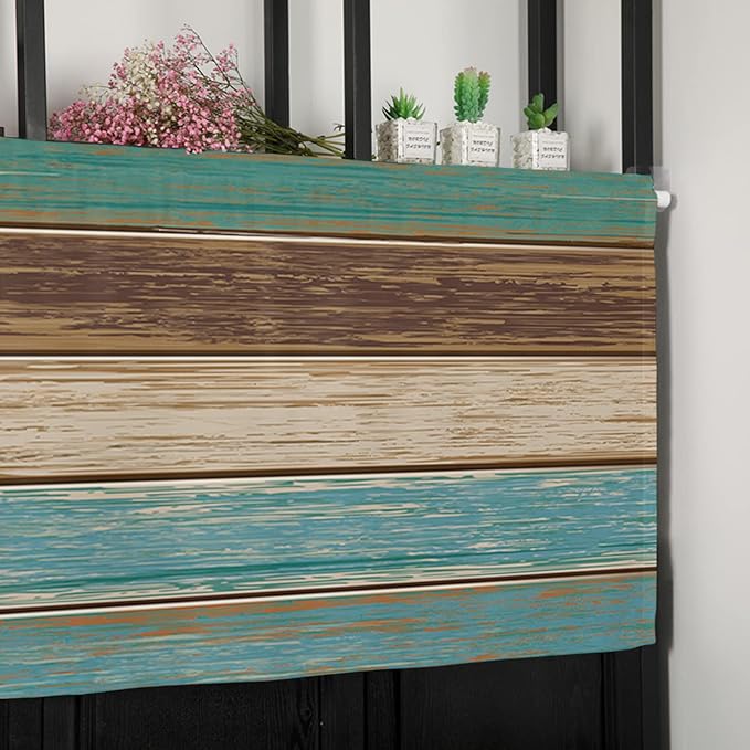 Farmhouse Kitchen Curtains Valances for Windows Teal Turquoise Green Brown Country Rod Pocket Window Treatment for Kitchen /Living Room/Bedroom/ Bathroom,60" X 18" -1 Panel, Retro Rustic Barn Wood