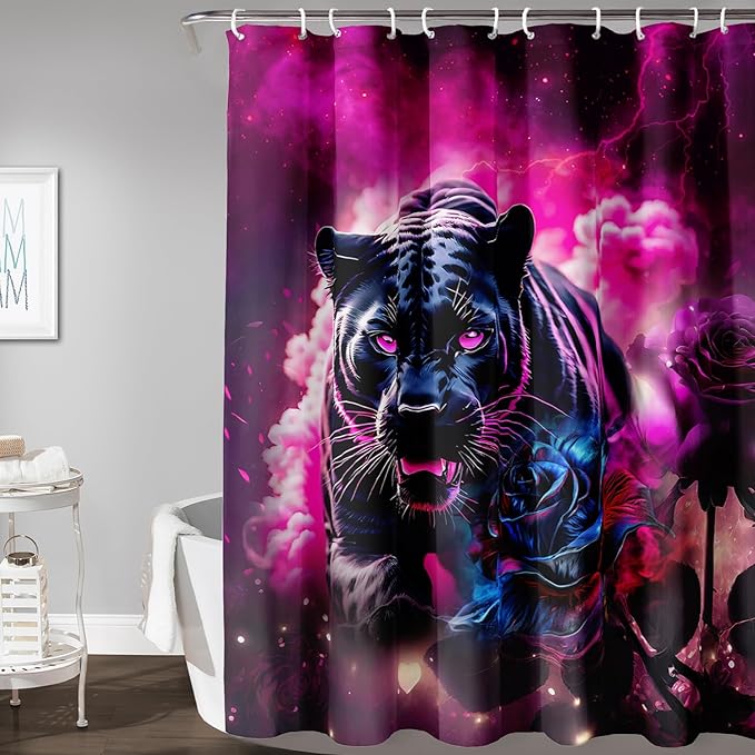 AILONEN 3D Black Panther Shower Curtain for Bathroom,Romantic Rose Smoky Leopard Printed Bath Curtain,Wildlife Cheetah Decoration Shower Curtain Waterproof 60" W*72" H