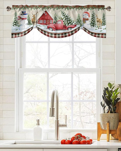 Christmas Farmhouse Blackout Tie Up Valance Curtains for Kitchen Windows Snowman Farm Red Truck Window Toppers Balloon Shades for Living Room/Bathroom/Bedroom,1 Panel,60" X 18" Winter Holiday