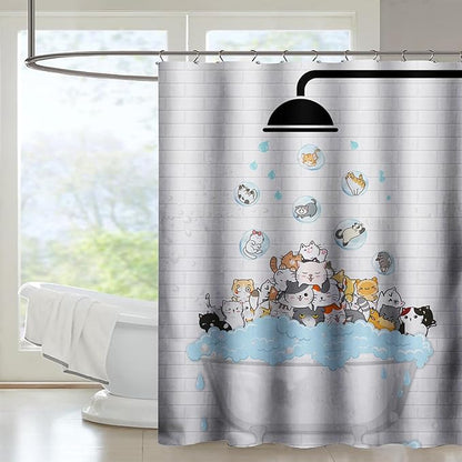 AILONEN Cute Cats Shower Curtain Raining for Kids 72" W*78" H Inch,Kawaii Hilarious Pet Playing Water Shower Curtain,12 Pack Hooks Polyester Waterproof Fabric Decor for Bathroom Bathtub Panels