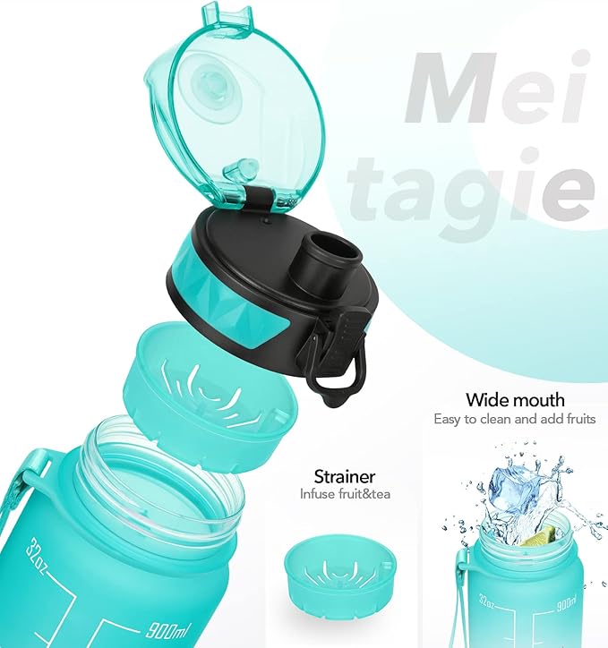 32oz/26oz Motivational Water Bottle with Time Marker & Fruit Strainer, Leak-proof BPA Free Non-Toxic 1l Bottle with Carrying Strap, Perfect for Fitness, Gym and Outdoor Sports, Plastic