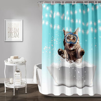 AILONEN 3D Bathtub Cat Shower Curtain for Kids 72" W*72" H Inch,Kawaii Diving Cat Leaps Out of Bathtub Shower Curtain,12 Pack Hooks Polyester Waterproof Fabric Decor for Bathroom Bathtub Panels