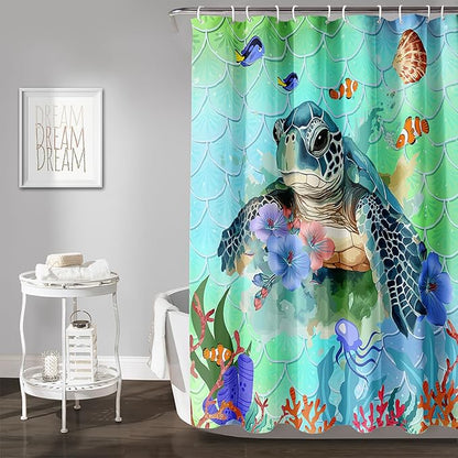 AILONEN Cartoon Sea Turtle Shower Curtain,Kawaii Sea Animal Bathroom Curtains for Kids,Girls,Watercolor Green Ocean Theme Shower Curtains Set with Hooks for Bathroom,72" W*78" H