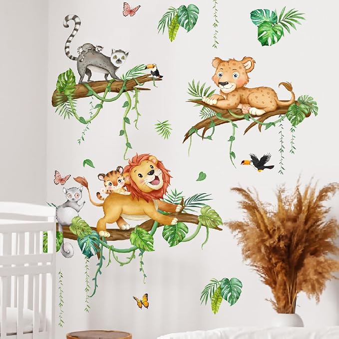 Cartoon Animal Wall Stickers - Fun Lion and Tropical Plant Design, 2 Sets of 3 Stickers Each