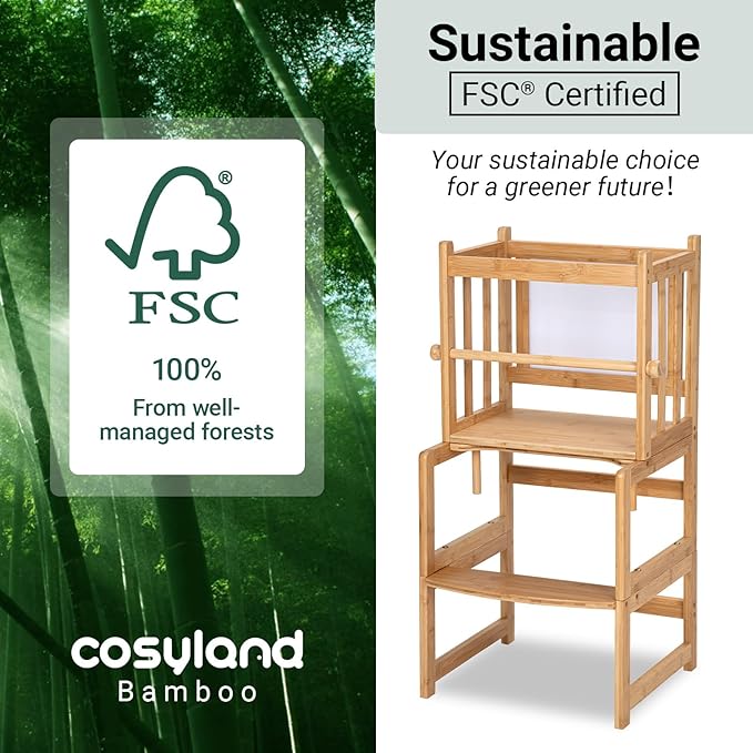 COSYLAND 3-in-1 Multifunctional Toddler Standing Tower, Kids Kitchen Step Stool with Whiteboard, Desk Table and Chair, Enjoys Unique Patented Design,FSC,CPC,SOR,CE Natural