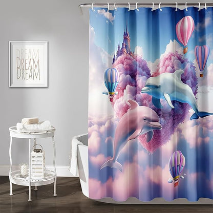 AILONEN Cute Dolphin Shower Curtain,Romantic Pink Sky Clouds Hearts Print Bath Curtain,Blue and Pink Dolphin Shower Curtain Waterproof for Bathroom Decor with 12 Plastic Hooks, 72" W*78" H
