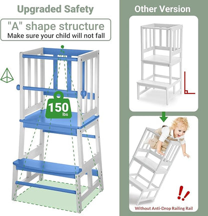COSYLAND Kids Kitchen Step Stool, Toddler Standing Tower with CPC & FSC Certification, Removable Anti-Drop Railing Safety Rail Enjoys Unique Patented Design A Anti-tip Stable Structure Blue & White
