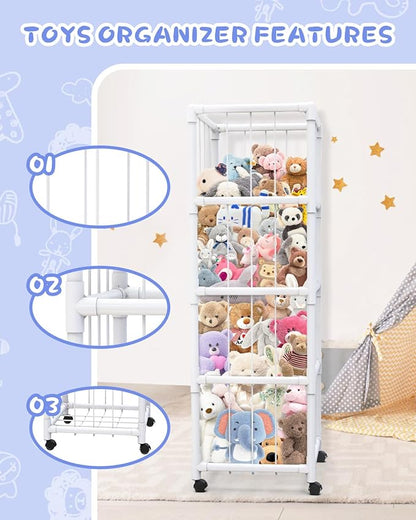 71" Extra Large Stuffed Animal Storage, Stuffed Animal Zoo Storage Cage, Premium PVC with Wheels Toy Storage Holder, Plush Toys Corner Organizer for Kids Playroom, Bedroom, Nursery