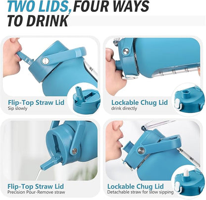 64 oz Glass Water Bottle with Straw and 2 Lids, Half Gallon Water Bottle with Sleeve, Large Insulated 2 Liter Glass Water Jug Time Marker with Handle - Steel Blue