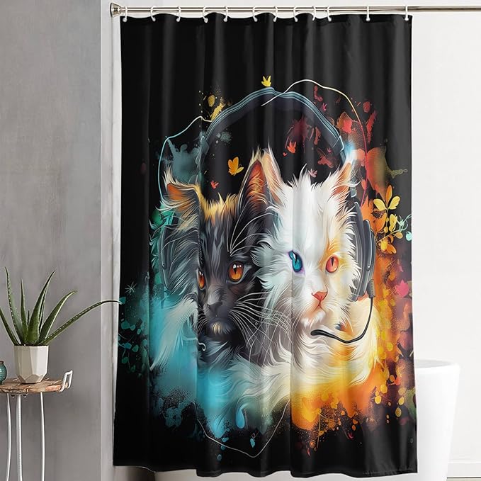 AILONEN Cute Cat Shower Curtain Set, Black White Cat Waterproof Fabric Shower Curtain for Kids Boys Girls,Headphones Kitty Shower Curtain for Bathroom with Hooks,36" W*72" H