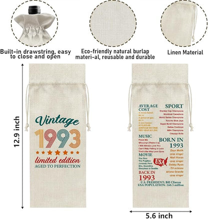 31st Birthday Gifts Wine Bag Congratulations Gifts for Women Men Parents Mom Dad Anniversary Favors 1993 with Time Information Wine Gift Bag