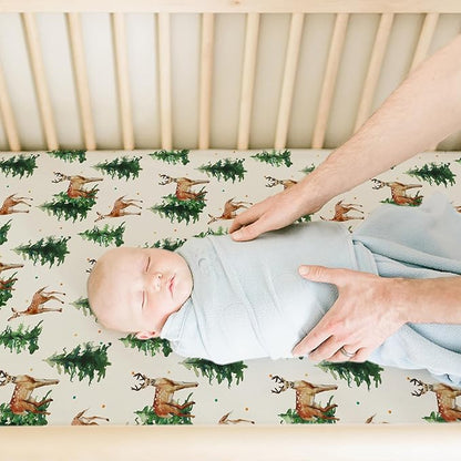 ACRABROS Crib Sheets for Girl Boy: Stretchy Baby Fitted Crib Mattress Sheets Sets 2 Pack Standard Size Ultra Soft Neutral, Blossom Deer&Green Leaf