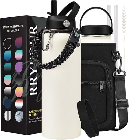 40 OZ Insulated Water Bottle - with Straw, Cold for 48 Hrs, Woman 40oz Stainless Steel Water Flask, Metal Vacuum Thermal Jug with Paracord Handle, Carrier Bag, Protective Boot, Cream White