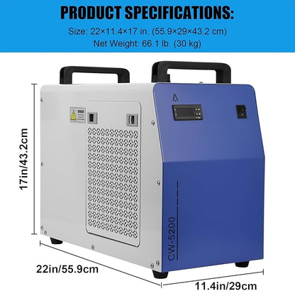6L Dual Industrial Water Chiller 0.9hp 2.6gpm Water Cooling System CW-5200 Water Cooler w 2 Inlets & Outlets to Chill Two 60W 70W 80W 90W 100W 120W 150W CO2 Laser Engraving Machines