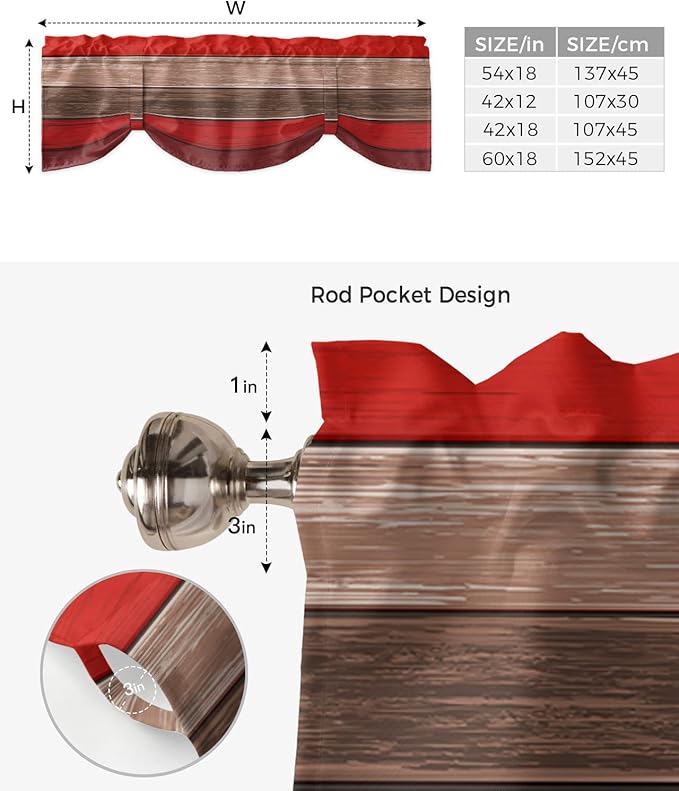 Farmhouse Blackout Tie Up Valance Curtains for Kitchen Windows, Christmas Red Brown Window Toppers Balloon Shades for Living Room/Bathroom/Bedroom,1 Panel,42" X 18" Retro Rustic Barn Wood Texture