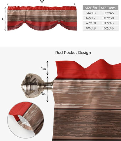 Farmhouse Blackout Tie Up Valance Curtains for Kitchen Windows, Christmas Red Brown Window Toppers Balloon Shades for Living Room/Bathroom/Bedroom,1 Panel,42" X 12" Retro Rustic Barn Wood Texture
