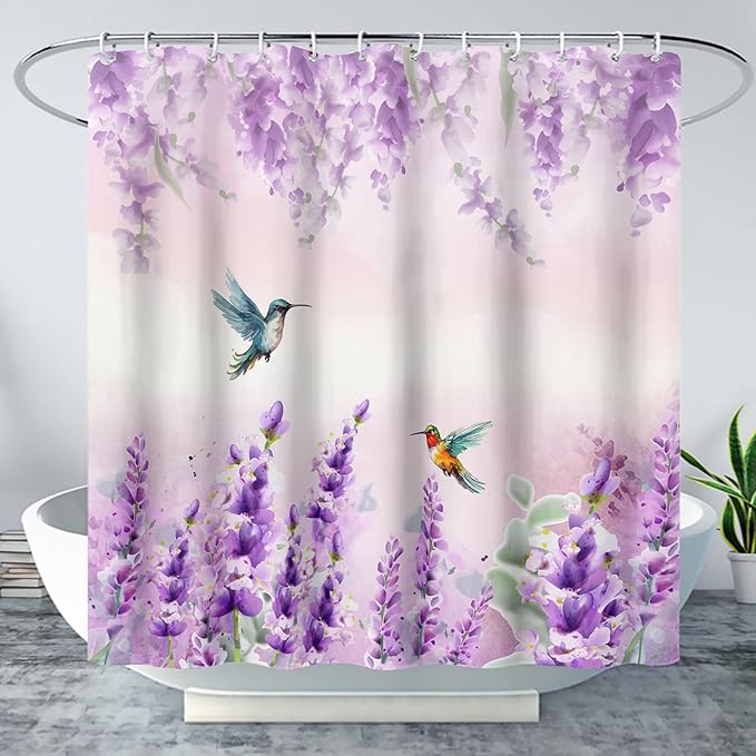 AILONEN Waterproof Floral Shower Curtain for Bathroom,Purple Pink Wisteria Lavender Flowers Shower Curtain,Botanical Floral Decor Bathroom Polyester with Grommets and Hooks 36" W*72" H