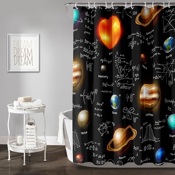 AILONEN Solar System Shower Curtain,Math Galaxy Planet Bath Curtain for Bathroom Decor,Polyester Waterproof with Plastic Hooks 36" W*72" H