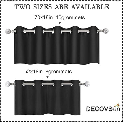 Black Valances Extra Wide for Windows for Kitchen Blackout Thermal Insulated Curtain Valance for Bathroom/Office Short Straight Drape Valance for Bedroom Kids Room 70W x18L 1 Panel