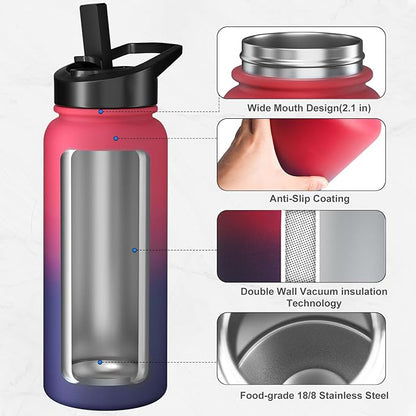 32oz Insulated Water Bottle with 3 Lids(Straw, Hand and Spout Lid), Double Vacuum Stainless Steel Metal Water Flask(BPA-free, CPC) for Sports, Camping, Hiking, Cycling, Fitness and more(Dark Rainbow)
