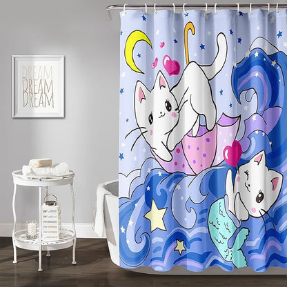 AILONEN Cute Cat Shower Curtain,Kawaii Cartoon Mermaid Kitten Polyester Cloth Bath Curtain Set for Girls Boys,Kittens with Spray Waterproof Shower Curtains for Bathroom, 72" W*72" H Blue
