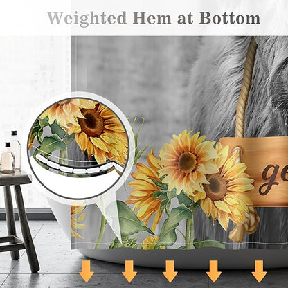 Aimego Stall Small Shower Curtain - Farmhouse Highland Cow Sunflower Rustic Western Country Get Naked Funny Narrow Half Fabric Cloth Bath Shower Curtain Set with 12 Hooks Bathroom Decor, 36"x72"