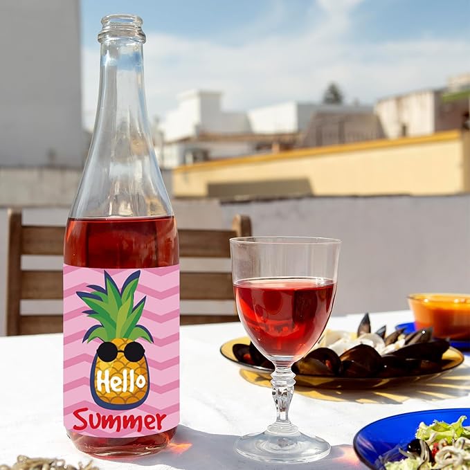 8 Pieces Tropical Summer Wine Bottle Labels Flamingo Pineapple Wine Bottle Stickers Pink Yellow Green Hawaii Wine Bottle Cover Decorations for Summer Beach Carnival Party Supplies