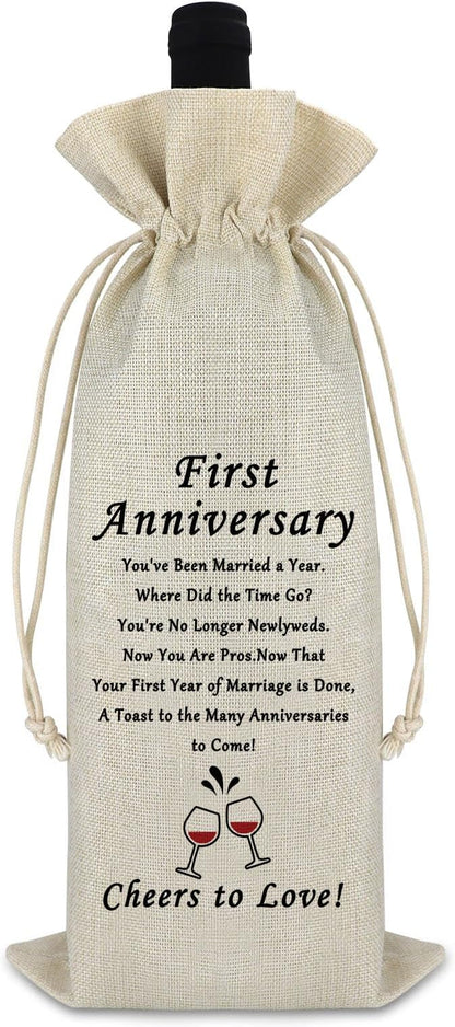 Anniversary Marriage Gift 1st Year of Marriage Gift for Couples Wine Bag Wedding First Year Gift for Wife Husband Wedding Gift for Women Men Coworker Valentine Gift Drawstring Burlap Wine Gift Bag