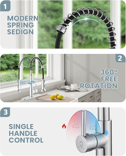 Kitchen Faucet,Chrome Kitchen Faucet with Soap Dispenser and Deck Plate,Faucet for Camper Farmhouse RV Kitchen Sink,Single Handle Stainless Steel Kitchen Sink Faucets with Pull Down Sprayer