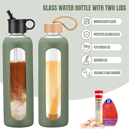 32oz Glass Water Bottle With 2 Lids-Flip Straw Lid, Bamboo Lid, Glass Water Bottle With Silicone Sleeve, Motivational Time Marker, Glass Juice Bottle for Cold Drink,Plive