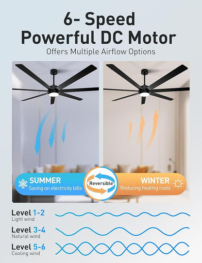 72" Wood Black Smart Ceiling Fan with Light and Remote via WIFI Alexa APP Control,6 Speed Quiet DC Motor,Dimmable LED Light,Indoor Outdoor Ceiling Fans for Patios or Bedroom