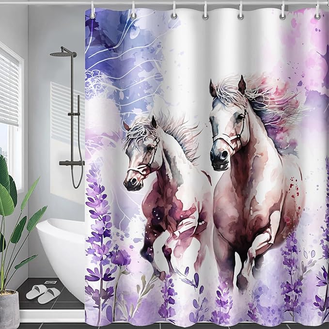 AILONEN Watercolor Flower Horse Shower Curtain,Galloping Horse Bath Curtain,Purple Lavender Horse Decoration Bathroom Curtain with 12 Plastic Hooks,Waterproof 60" W*72" H