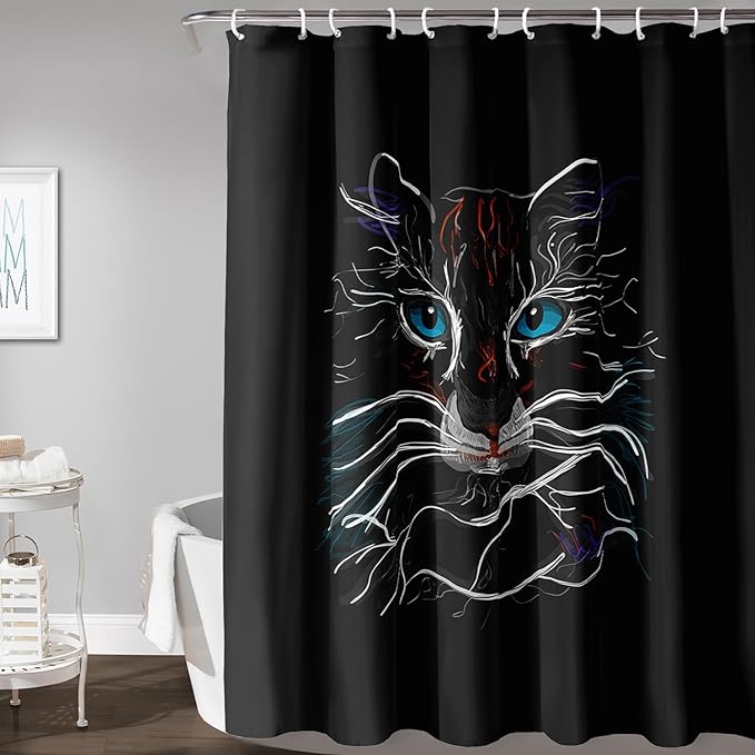 AILONEN Cat Shower Curtain for Kids Teens,Colorful Line Cat Bath Curtain for Bathroom,Animal Polyester Waterproof with 12 Plastic Hooks 72" W*96" H