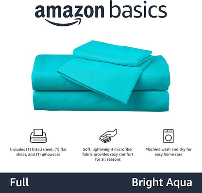 Amazon Basics Kid's Soft Easy-Wash Lightweight Microfiber 4-Piece Sheet Set, Full, Bright Aqua, Solid