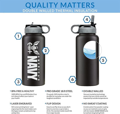 32oz Navy Stainless Steel Water Bottle with Engraved Navy Logo - US Navy Pride on the Go - Navy Gifts | Disabled USMC Vet Owned SMALL Business