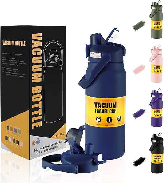 50oz/1.5L Insulated Sports Water Bottle, Stainless Steel Double Wall Water Jug with Handle, 2-in-1 Chug Spout and Straw Lid with Lock Cover for School, Outdoor, Sports & Travel, Navy Blue