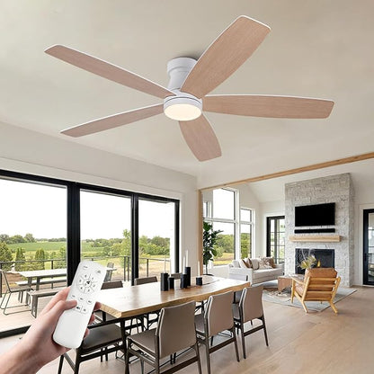 52 inch Ceiling Fans with Lights and Remote,Flush Mount White Ceiling Fan,Memory Fuction Reversible Quiet DC Motor Low Profile Ceiling Fans For Living Room Bedroom Outdoor(White&Natural Wood)