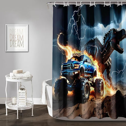 AILONEN Boys Dinosaur Shower Curtain, Monster Truck Bath Curtain,Lightning Roaring Dinosaur Kids Shower Curtain,Waterproof Curtain Bathroom 48" W*72" H Decor with 12 Plastic Hooks