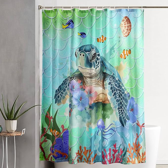 AILONEN Cartoon Sea Turtle Shower Curtain,Kawaii Sea Animal Bathroom Curtains for Kids,Girls,Watercolor Green Ocean Theme Shower Curtains Set with Hooks for Bathroom,72" W*96" H