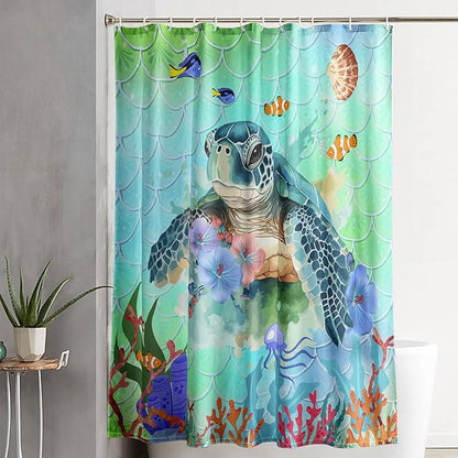 AILONEN Cartoon Sea Turtle Shower Curtain,Kawaii Sea Animal Bathroom Curtains for Kids,Girls,Watercolor Green Ocean Theme Shower Curtains Set with Hooks for Bathroom,72" W*72" H